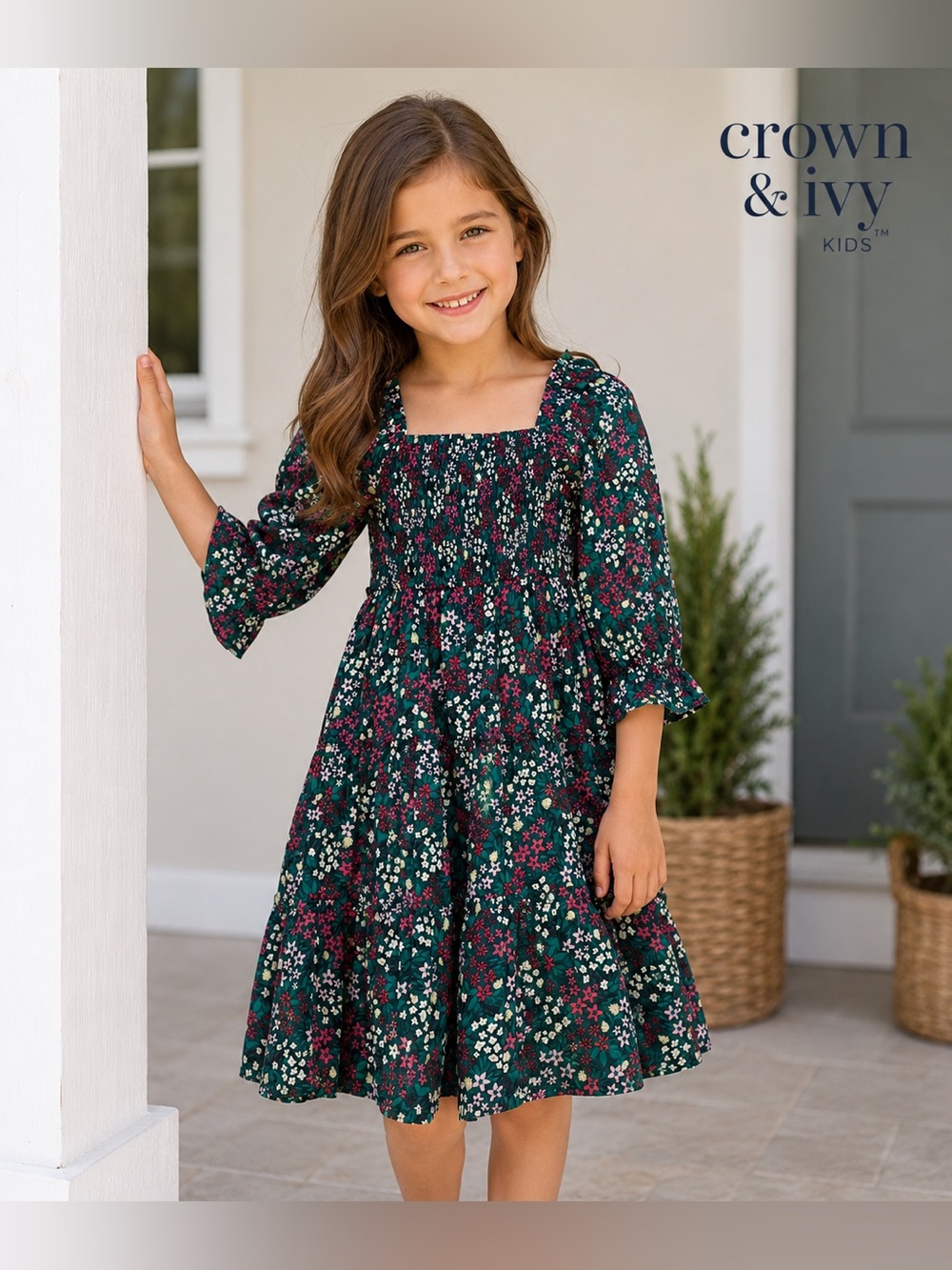 🌸 Crown & Ivy Kids Floral Smocked Dress - 100% Cotton - NWOT - Size Small